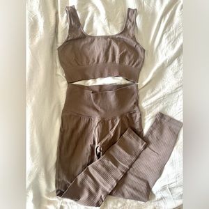 Ribbed seamless crop tank high waist leggings workout set - taupe